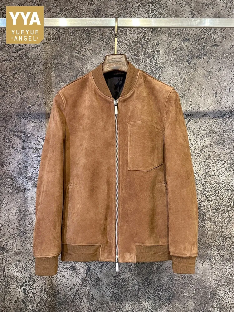 

Men Luxury Suede Goatskin Jacket Retro Stand Collar Genuine Leather Baseball Jackets Zippers Slim Fit Autumn Winter Outerwear