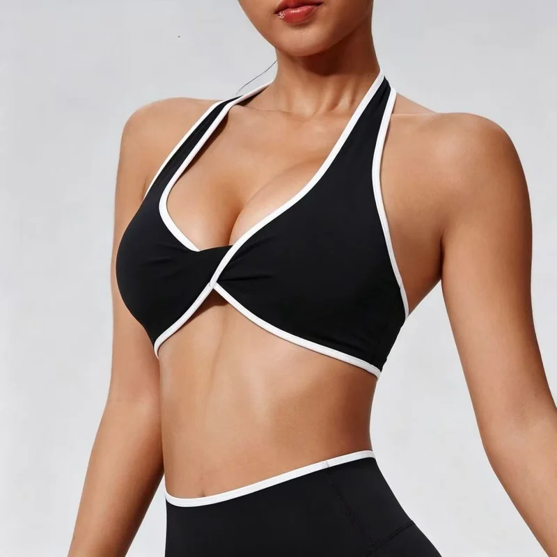 Damen-Yoga-BH mit Halterneck und Farbblock-Design, herausnehmbare Brustpolster, schnelltrocknendes Sport-Top für das Training. – Detail 2