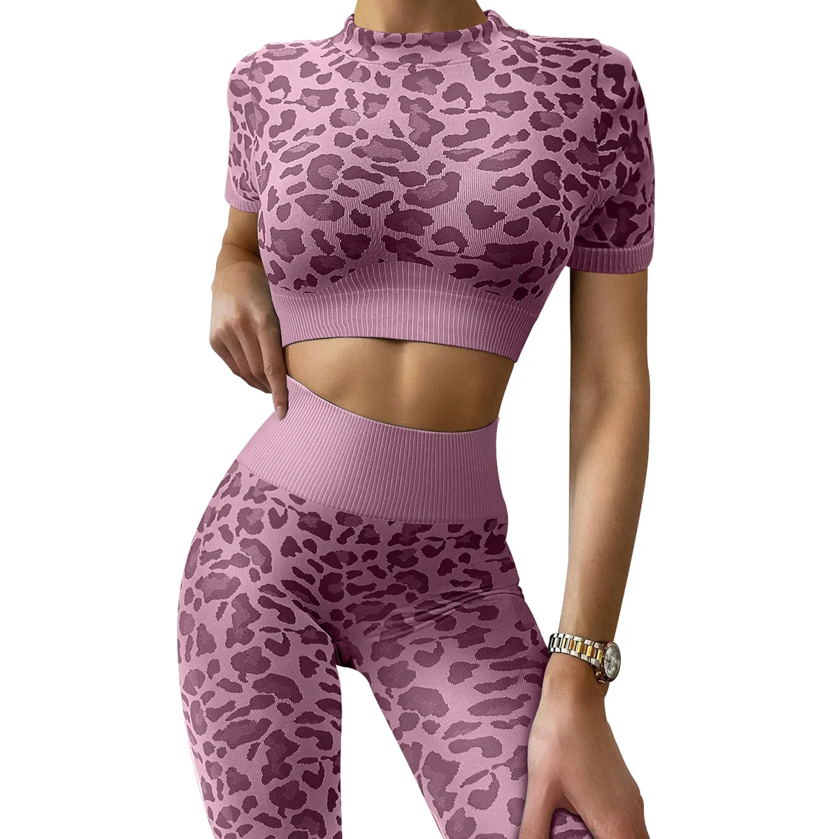 Seamless Leopard Yoga Sets Sports Fitness High Waist Hip-lifting Trousers Short-Sleeved Suits Workout Gym Leggings Set for Women