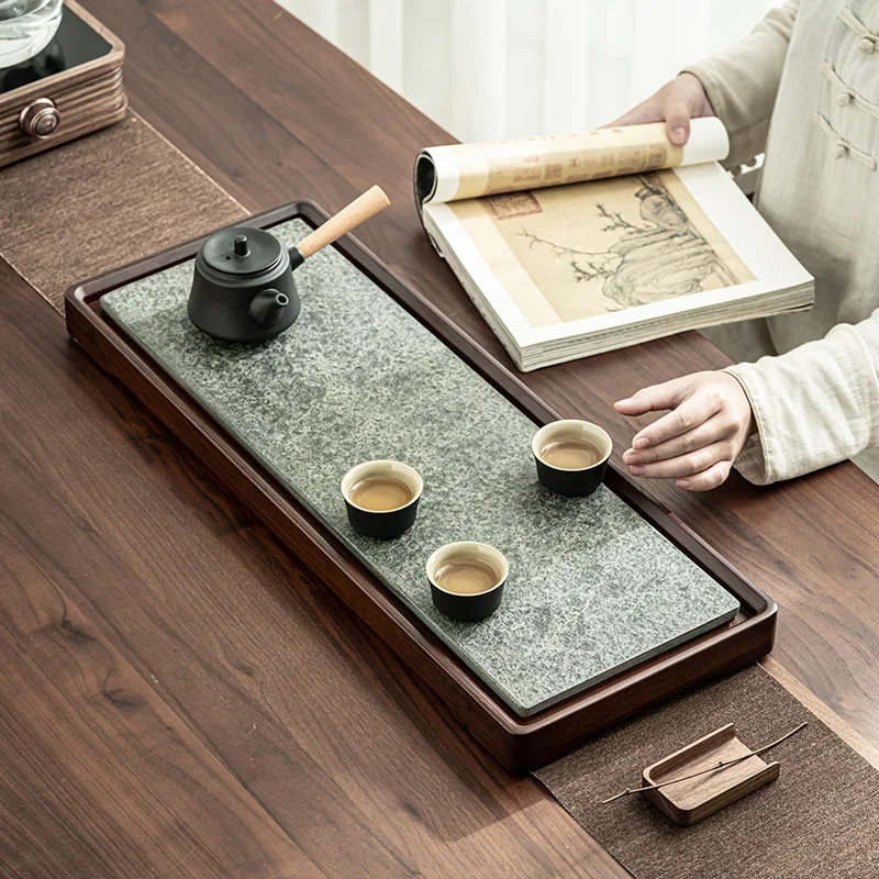 Heavy bamboo Wujinshi tea tray, retro light luxury living room drainage tea table dry brewing tray Kung Fu tea set tray
