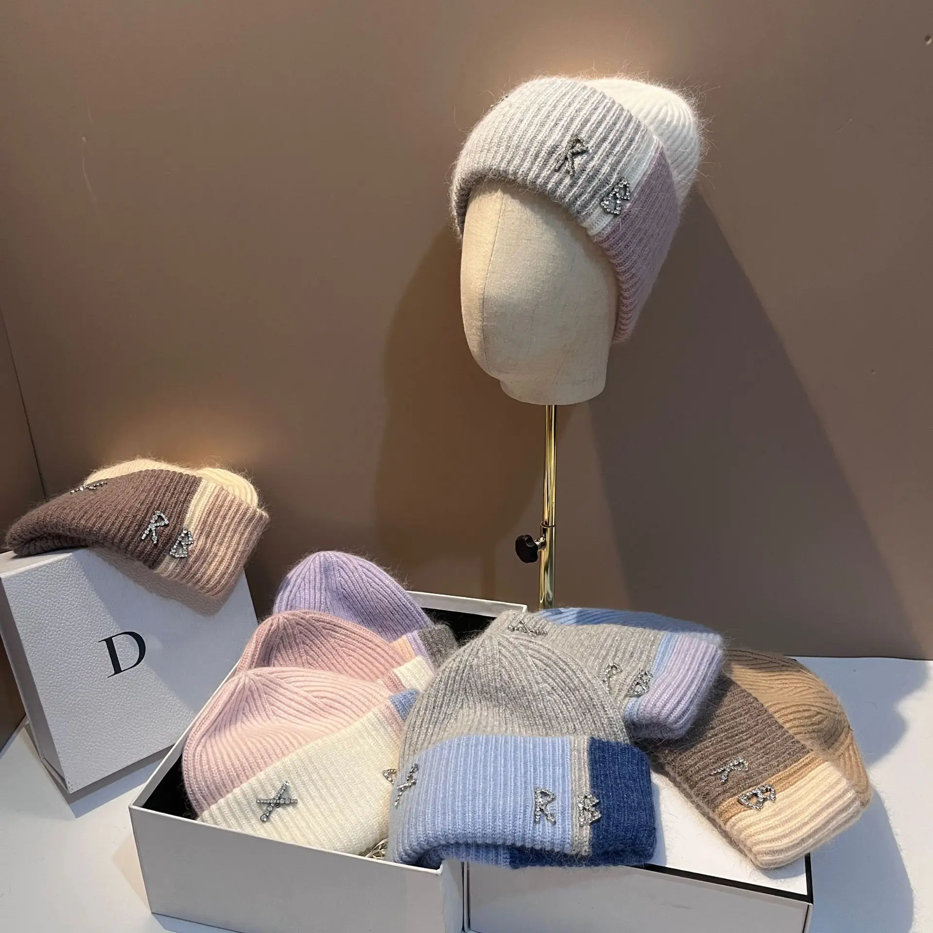 Real Rabbit Fur Diamonds Letter RB Beanies for Women Winter Warm Knitted Hat Famous Brand Lady Hats Casual Bonnet Skiing Cap