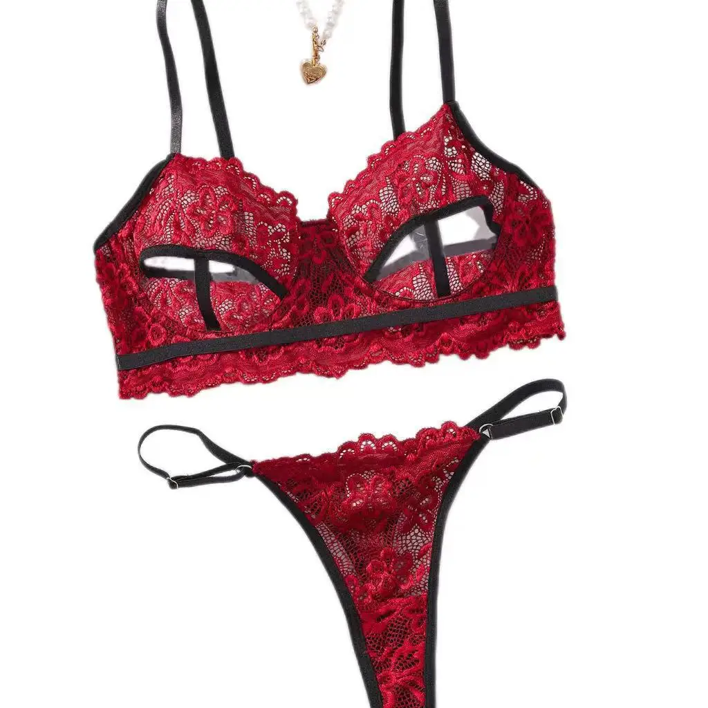 Women Lace Sexy Lingerie Suits Strap Backless Bra+Mini Briefs Sensual Two Pieces Sets Hollow Out Sheer Underwear Suits