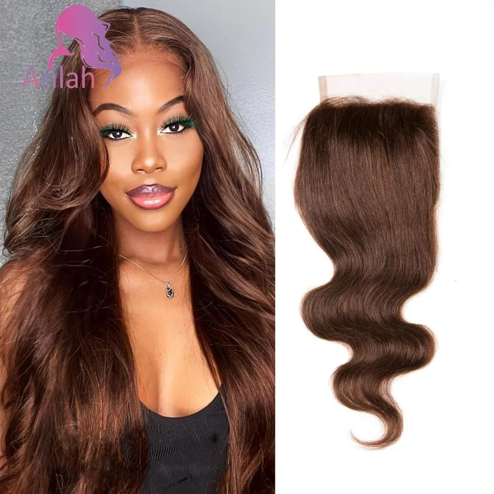10-18 pulgadas marrón Chocolate 4x4 parte libre cierre de onda del cuerpo cabello humano brasileño prearrancado coser en tejido cabello Remy 150% de densidad