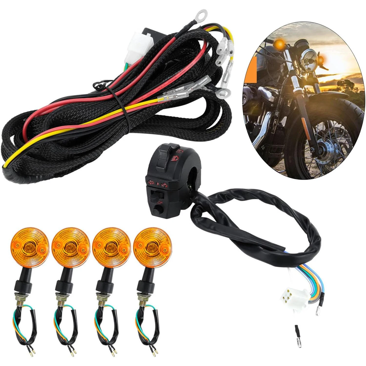 Motorrad-Blinker mit Verkabelungsset, Anzeige-Verkabelungsset, Relais-Schalter, Licht-Horn-Blitz-Set – Detail 1