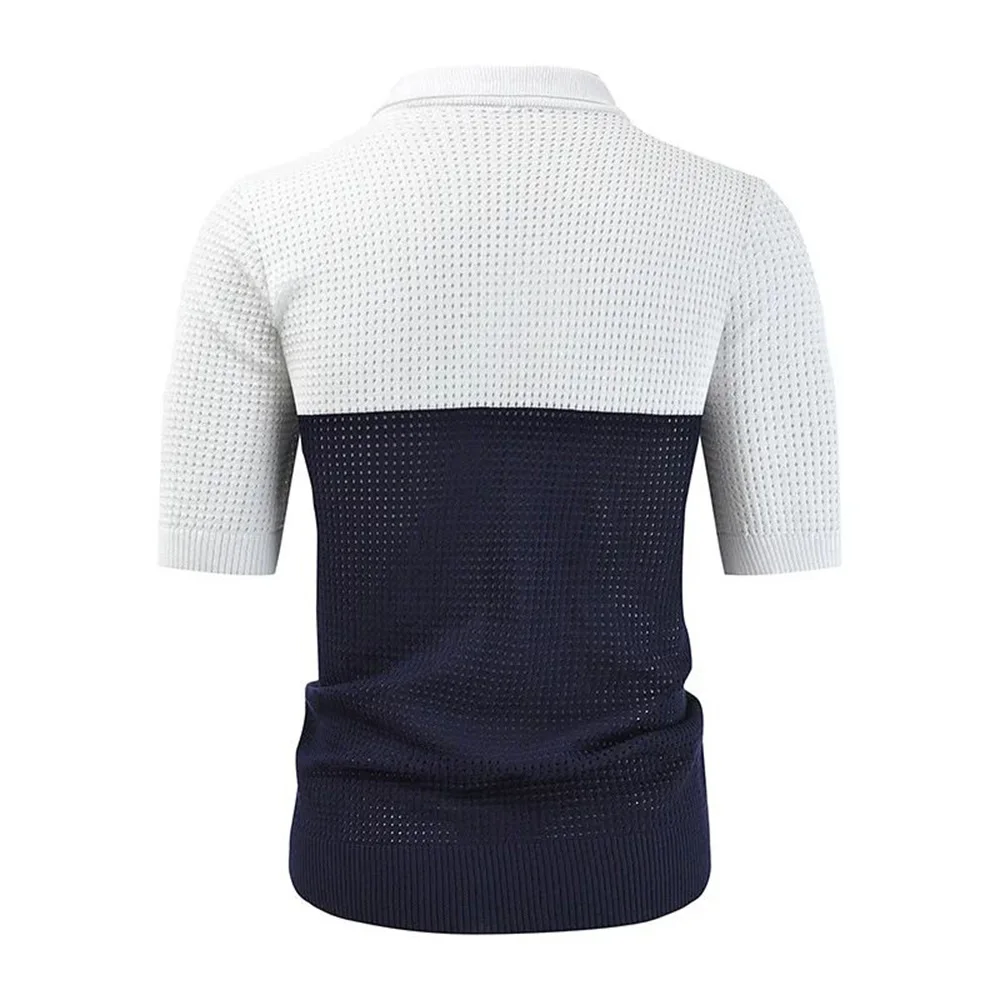 Mens Summer Shirt Retro Knitted Mesh Breathable Daily Polo Shirt Slim Striped Color Matching Trendy Casual Short Sleeve Top 2024