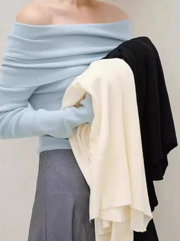 Sexy Off-The-Shoulder Knit Sweater Women Pullover Long Sleeve Top 2026 Autumn Winter Soft Lapel Slim Fit Flattering Knit Sweater