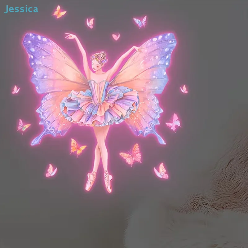 ♥Glow-in-the-Dark Ballerina Wall Sticker - Luminous Butterfly Fairy Decal for Girls Room Decor