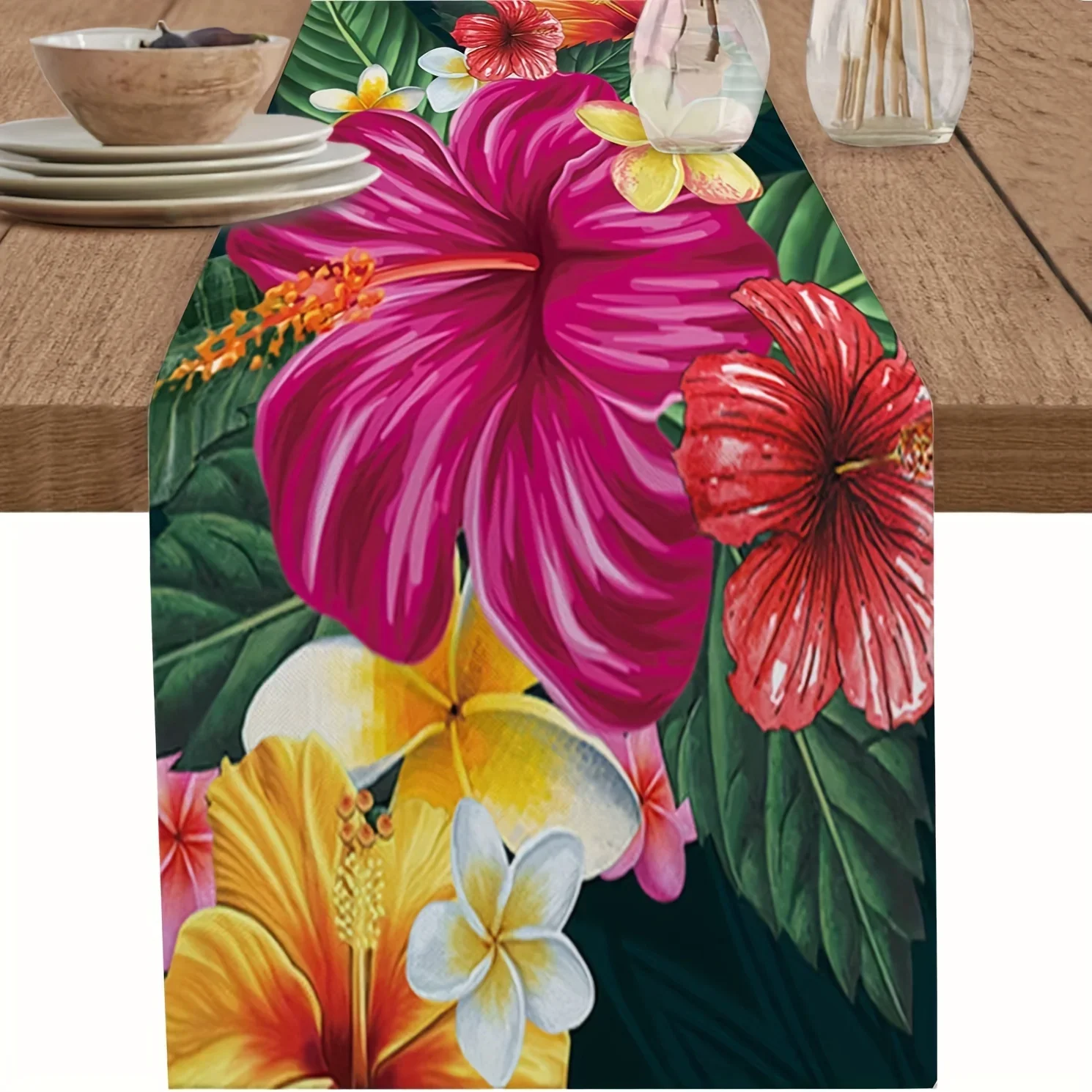 Hibiscus Flowers Rubra Linen Table Runner Holiday Party Decor Summer Leaves Tropical Plants Kitchen Dining Table Decor