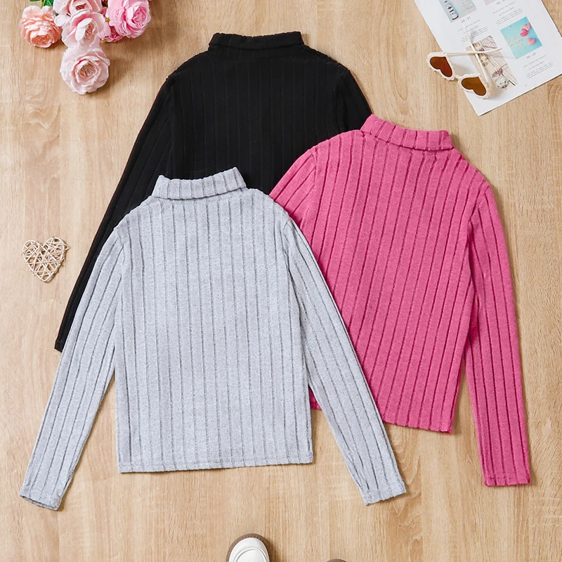 3-Piece Autumn And Winter Girls Fashion Trend Daily Casual Cute High Flip Collar Basic Solid Color Base Slim Knit T-Shirt