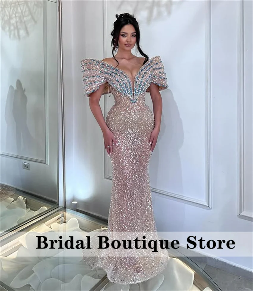 

Glitter Off Shoulder New Luxury Women Evening Dresses 2025 Beading Crystals Mermaid Long Party Gown Vestidos Customized