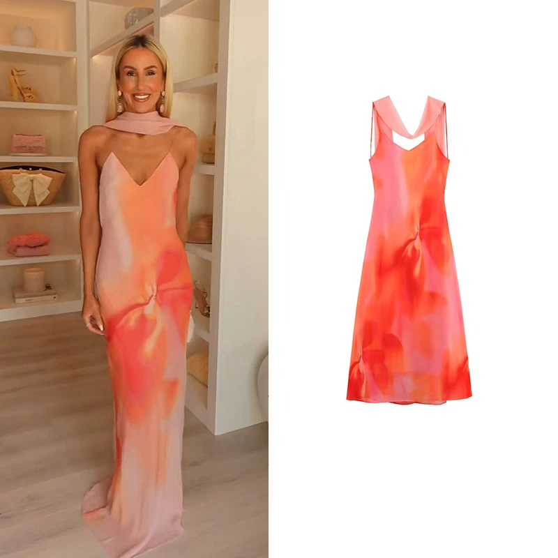 

Летнее платье, женское новое шикарное платье с принтом, тонкий шарф с v-образным вырезом, элегантное женское длинное платье, уличная мода, молодежное праздничное платье для путешествий