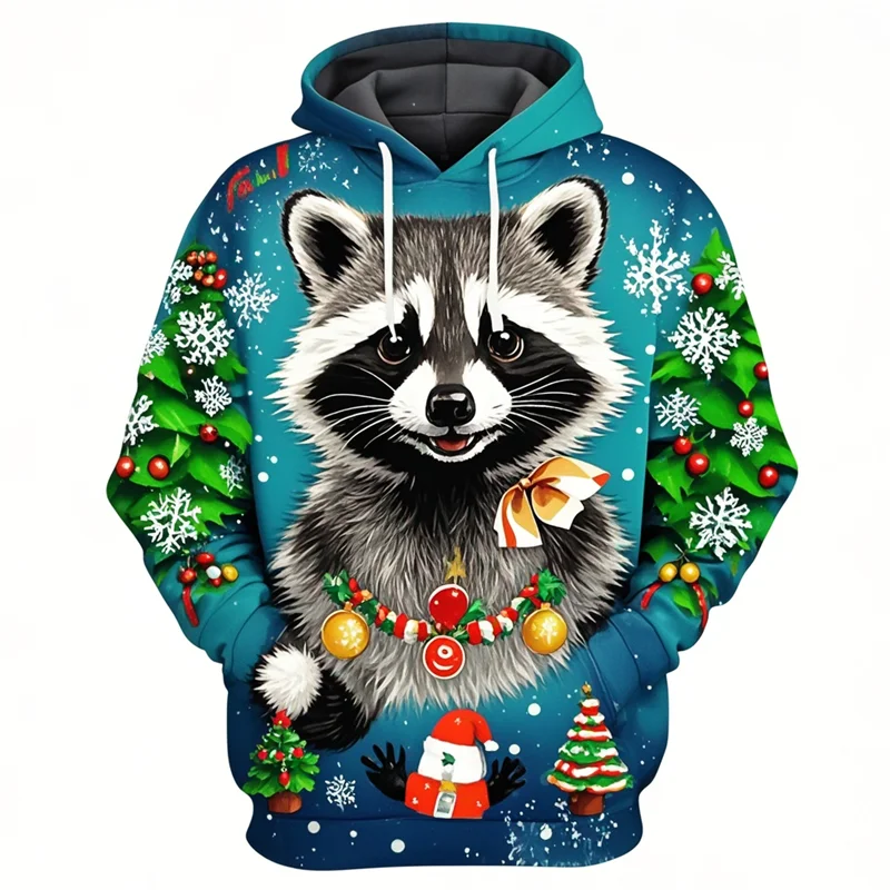 

Christmas Raccon Pattern Printed Hoodies Street Harajuku Style Men's Clothing Autumn Winter Casual Daily Sweatshirt Women's Tops