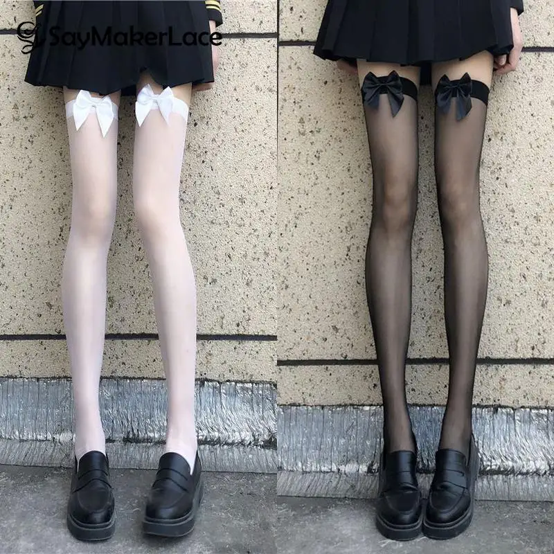 1Pair Cute Lolita Socks Thigh High Over Knee Socks Women Sexy Lace Stockings Nylon Long Socks Hosiery Anime Bow Stockings