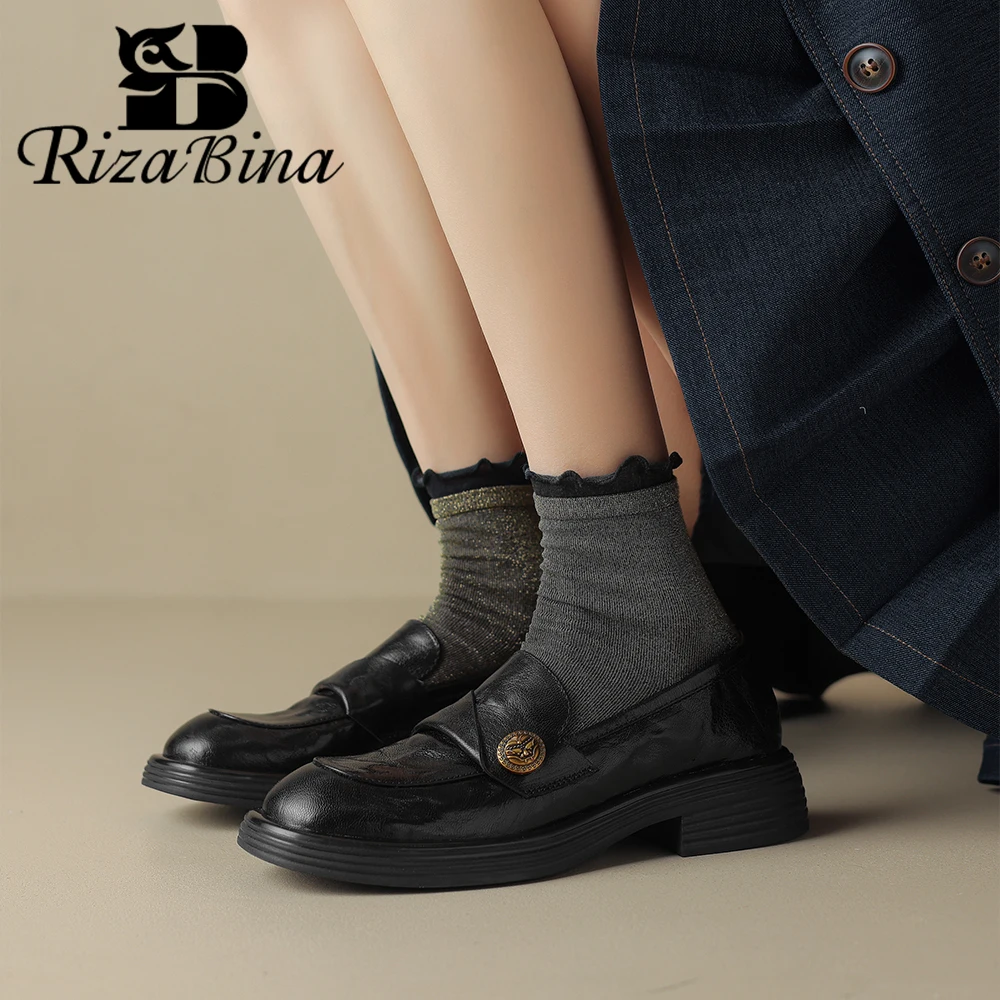 

RIZABINA New Real Leather Flats Shoes For Woman Fashion Ins Spring Loafers Shoes Female Club Daily Slip on British Style Shoes