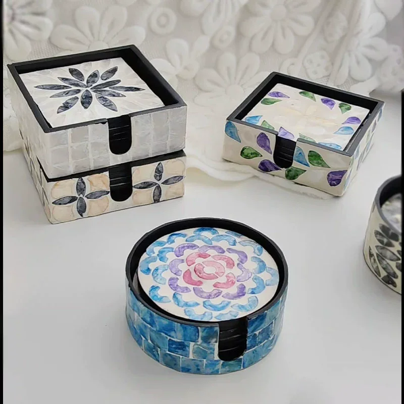 

Southeast Asian Style Handmade Coaster Set: Iridescent Shell & Natural Mother-of-Pearl Coasters with Wooden Accents - Heat Resis