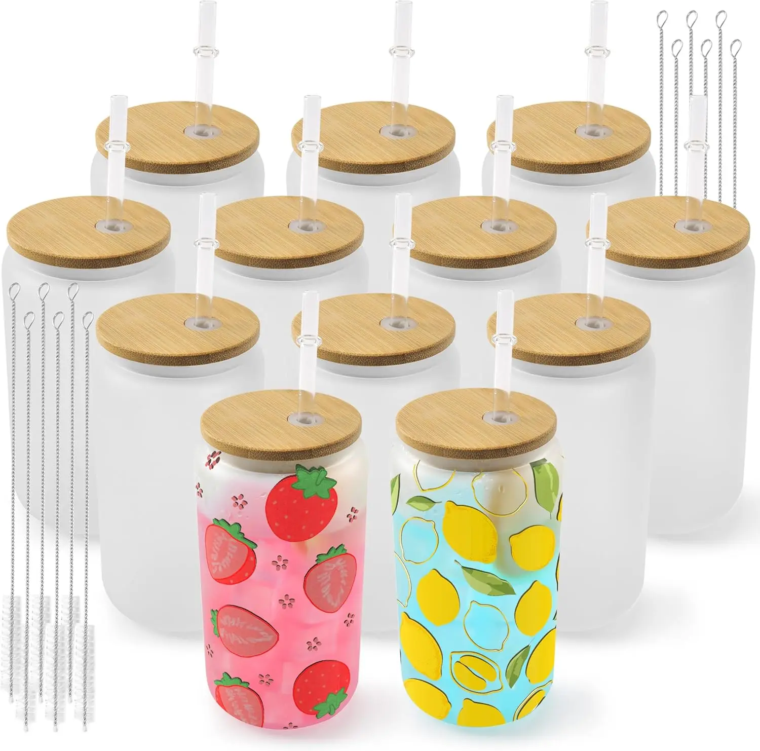 

12-Pack Sublimation Glass Cups with Bamboo Lids, 16 oz Frosted Mason Jars for Iced Drinks