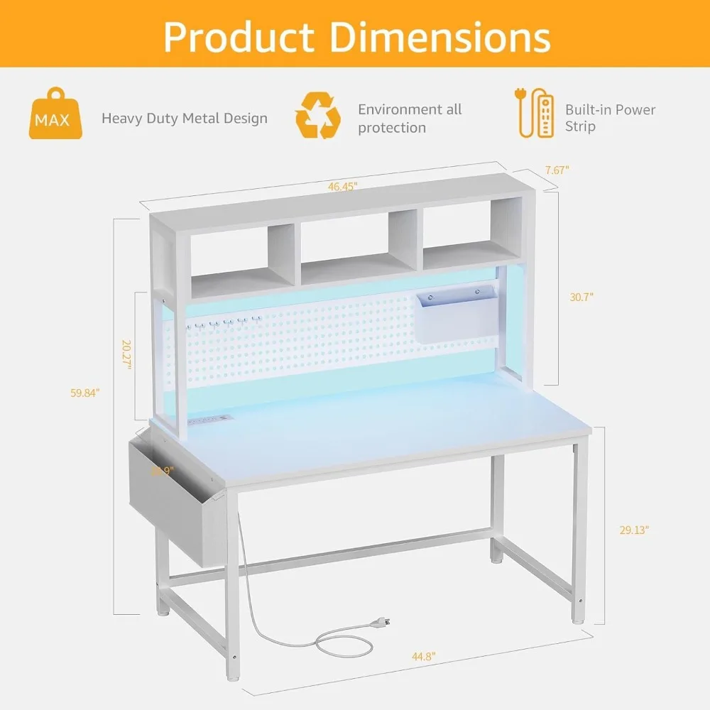 47 Escritorio para computadora blanco moderno con aparador, tomas de corriente y tablero perforado para adolescentes