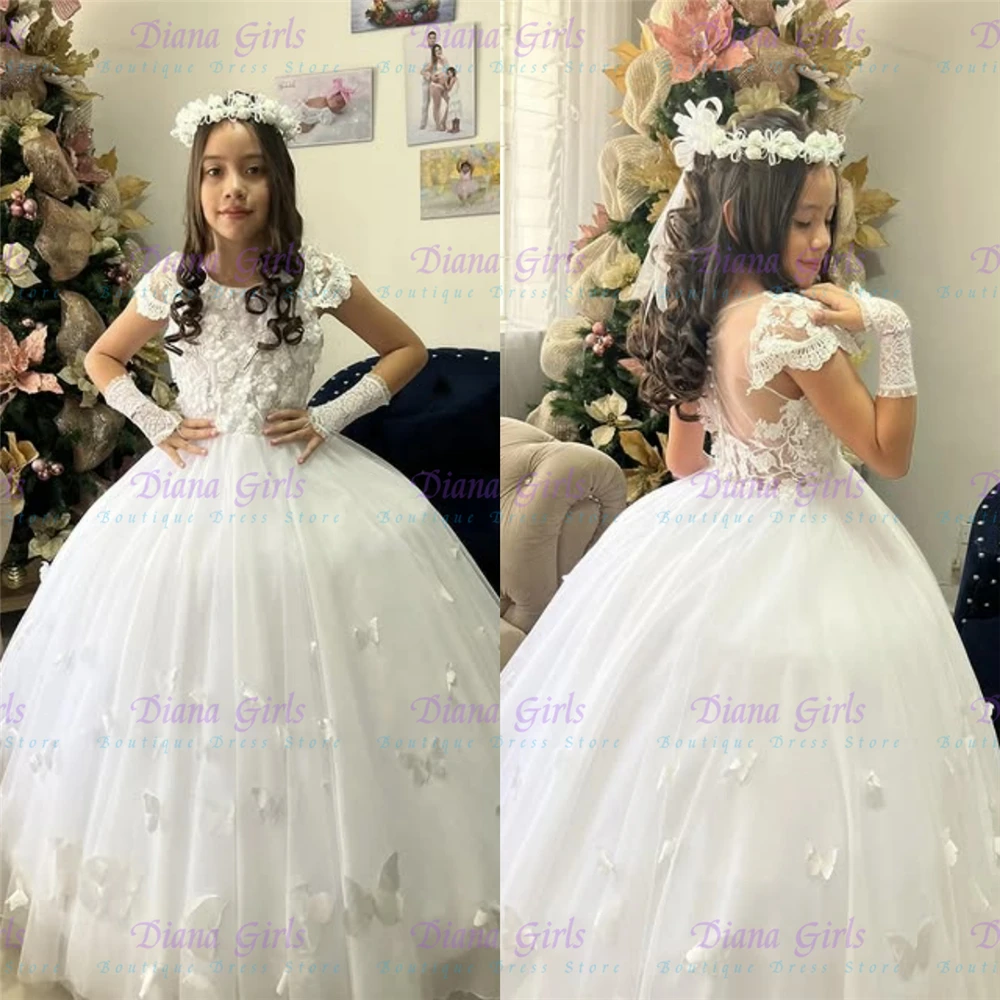 Quality White Flower Girl Dress Tulle Fluffy Lace Applique for Little Princess Wedding Birthday Party Evening Ball Gowns