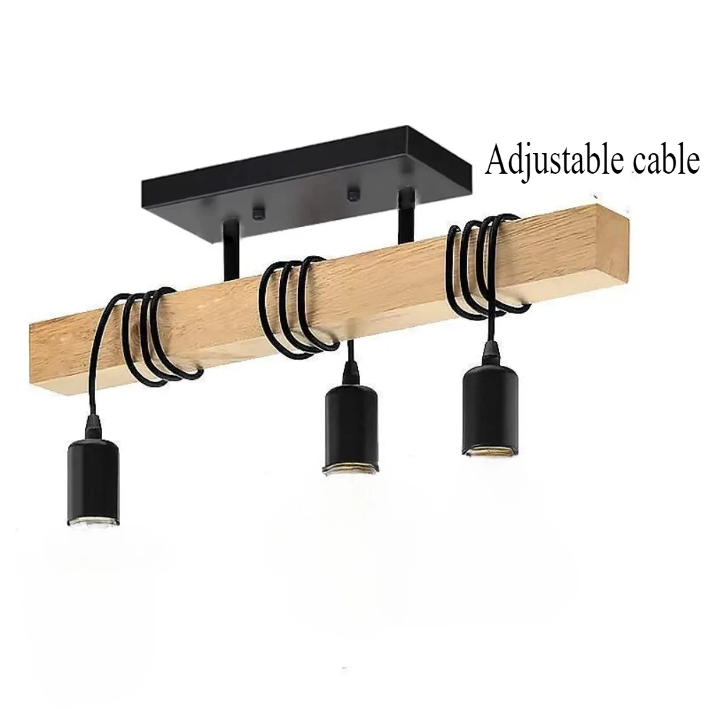 Black 3 Head Ceiling Pendant Lamp Home Decoration Dining Living Room Bedroom Loft Indoor Rustic Wooden Chandeliers