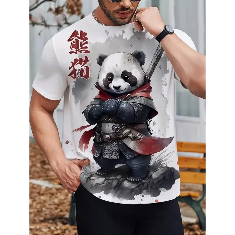 Colorful Panda Hero Pattern T Shirt For Men Cool Cat Warrior 3D Printed Tees Casual Short Sleeve Round Neck Tops Street T-Shirts