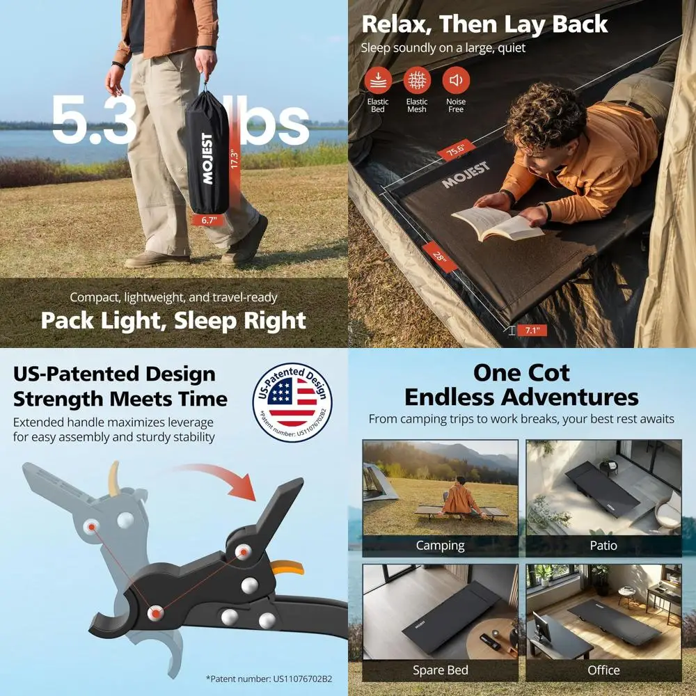 

Adult Portable Folding Cot - Lightweight, Supports 350 lbs, Ideal for Camping, Hiking, Backpacking, Black