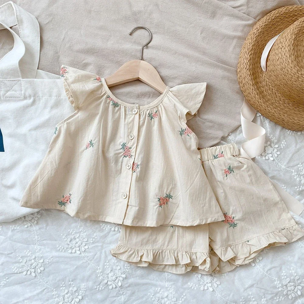 Sweet and Cute Purple Girls Clothes 2025 Summer Cotton Children's Clothing Flower Print Flying Sleeve Top+Shorts Two Piece Set