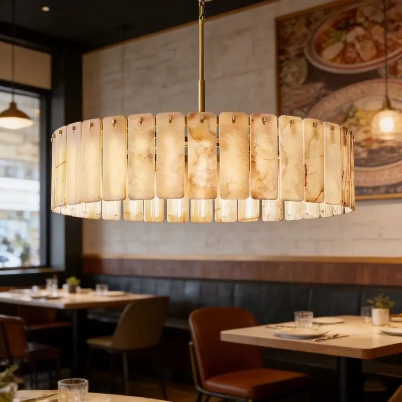 Modern Stone Panel Chandelier Round Brass Pendant Light Elegant Ceiling Fixture for Living Room