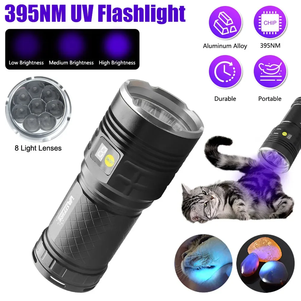 8Lights 160W UV Flashlight 395nm Black Mirror Flashlamp Ultraviolet Ink Dryer Money Fluorescer Detector Purple Light Torch