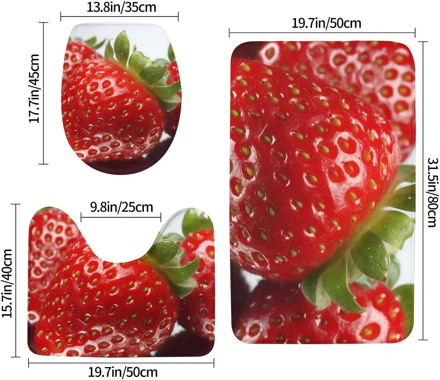 أطقم سجاد حمام فاكهة الفراولة الحمراء مكونة من 3 قطع، سجادة حمام ماصة غير قابلة للانزلاق على شكل حرف U مع غطاء مرحاض