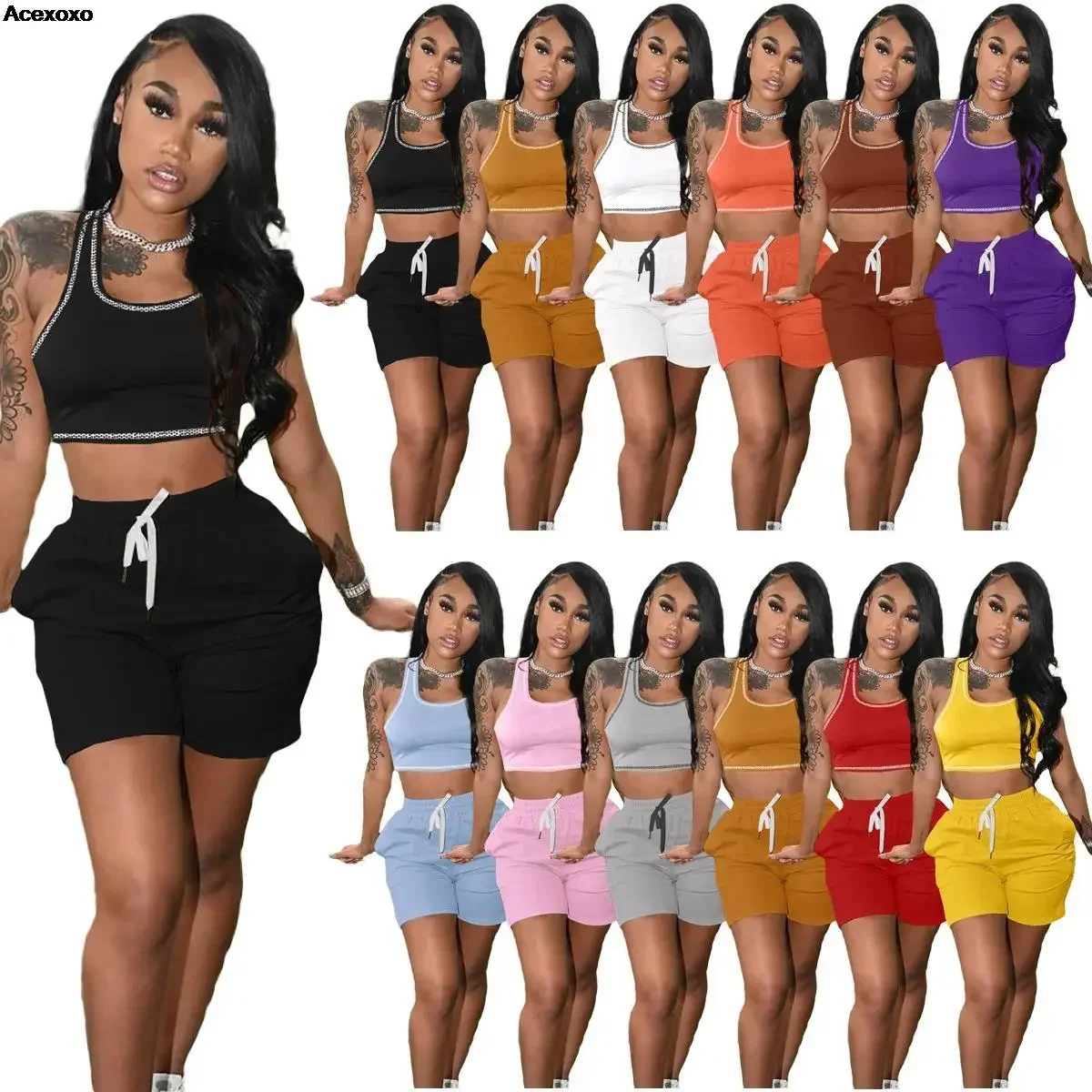 

Summer new women's pocket solid color fashion casual vest sports suit