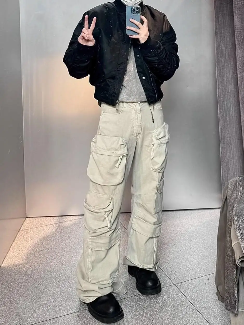 

Джинсы с американской талией в стиле ретро, мужские свободные широкие брюки в уличном стиле, прямые брюки для спецодежды с несколькими кетами