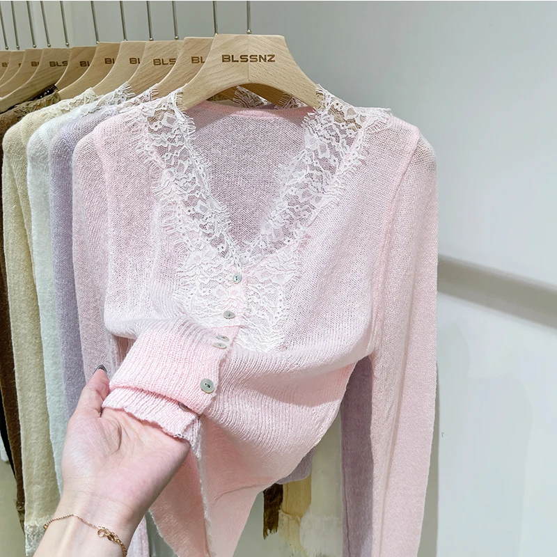 Lace Long-Sleeved Knitted Cardigan for Women V-neck 2022 Autumn and Winter New Fashion Stitching Design Sweater Coat Feminine