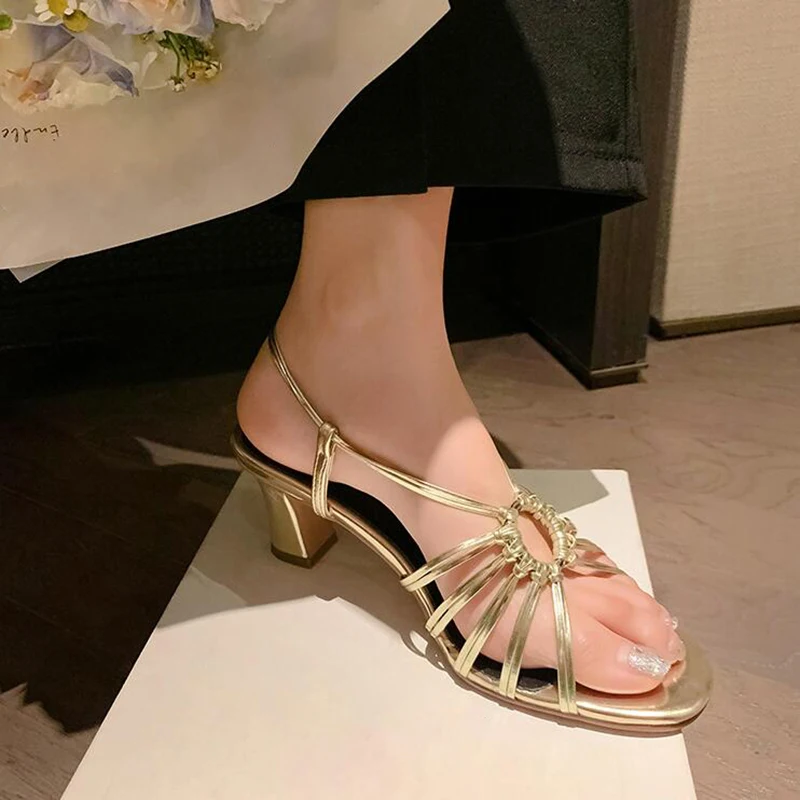 Gold Narrow Band Weave Hollow Out Women\'s Sandals 2024 Summer New Open Round Toe Chunky High Heel Gladiator Sandal Shoes Females