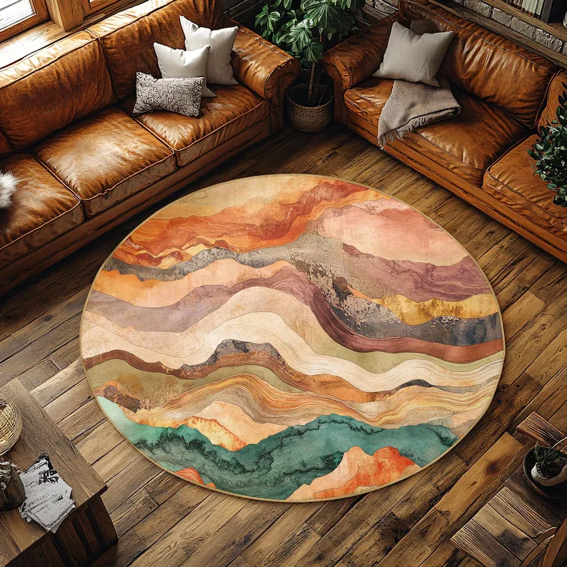 Runder Teppich mit abstrakter Landschaft, Erdtöne, Kreismatte, rutschfest, abstrakter Teppich für Berge, Boho-Landschaftsteppich, minimalistischer runder Teppich
