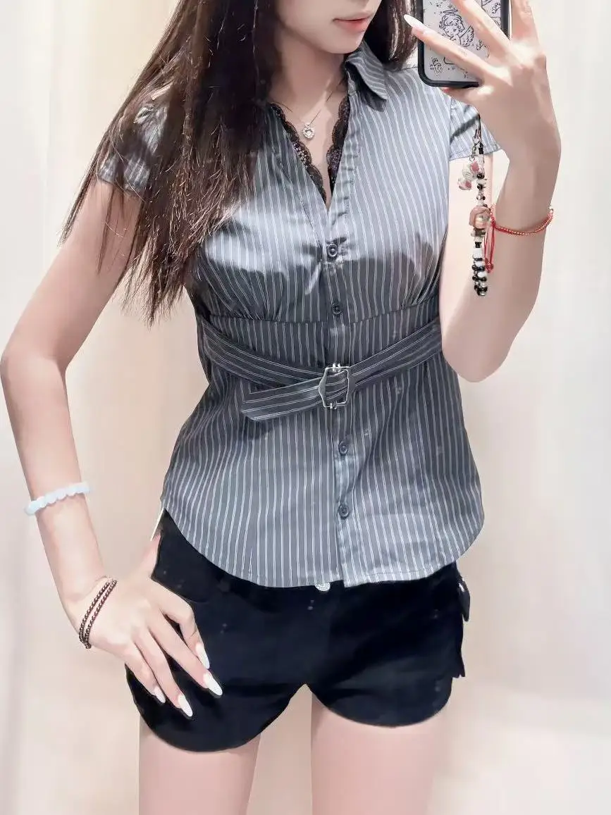WM Retro Hong Kong Style Women's Shirt Slim Fit Short Sleeve V-Neck Waist Belted Slimming Striped Top Summer Fashion