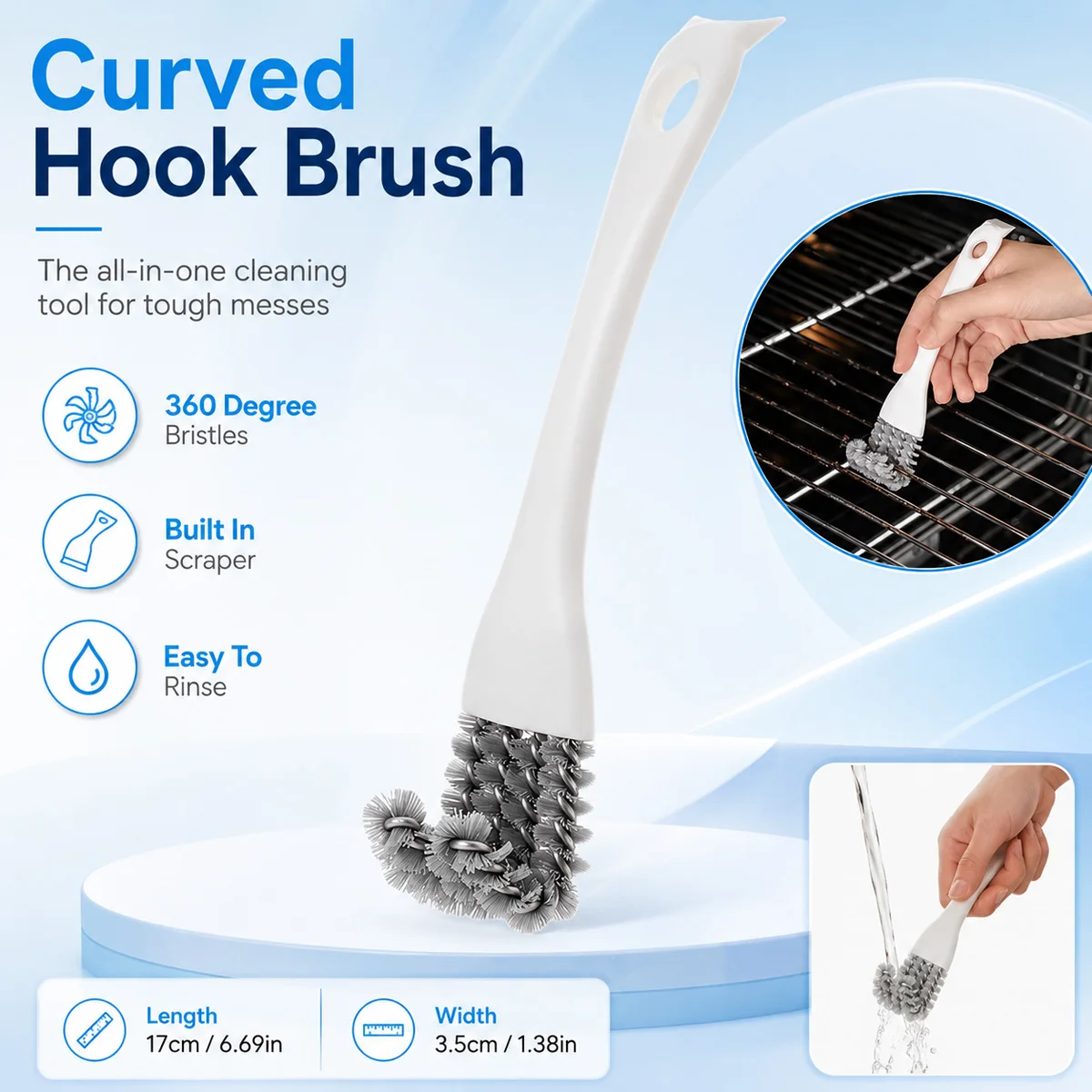 Curved Hook Brush Oven Rack Cleaner Stiff Bristle Grill Grate Scrubber Built In Scraper Kitchen Cleaning Tool For Hard Grease