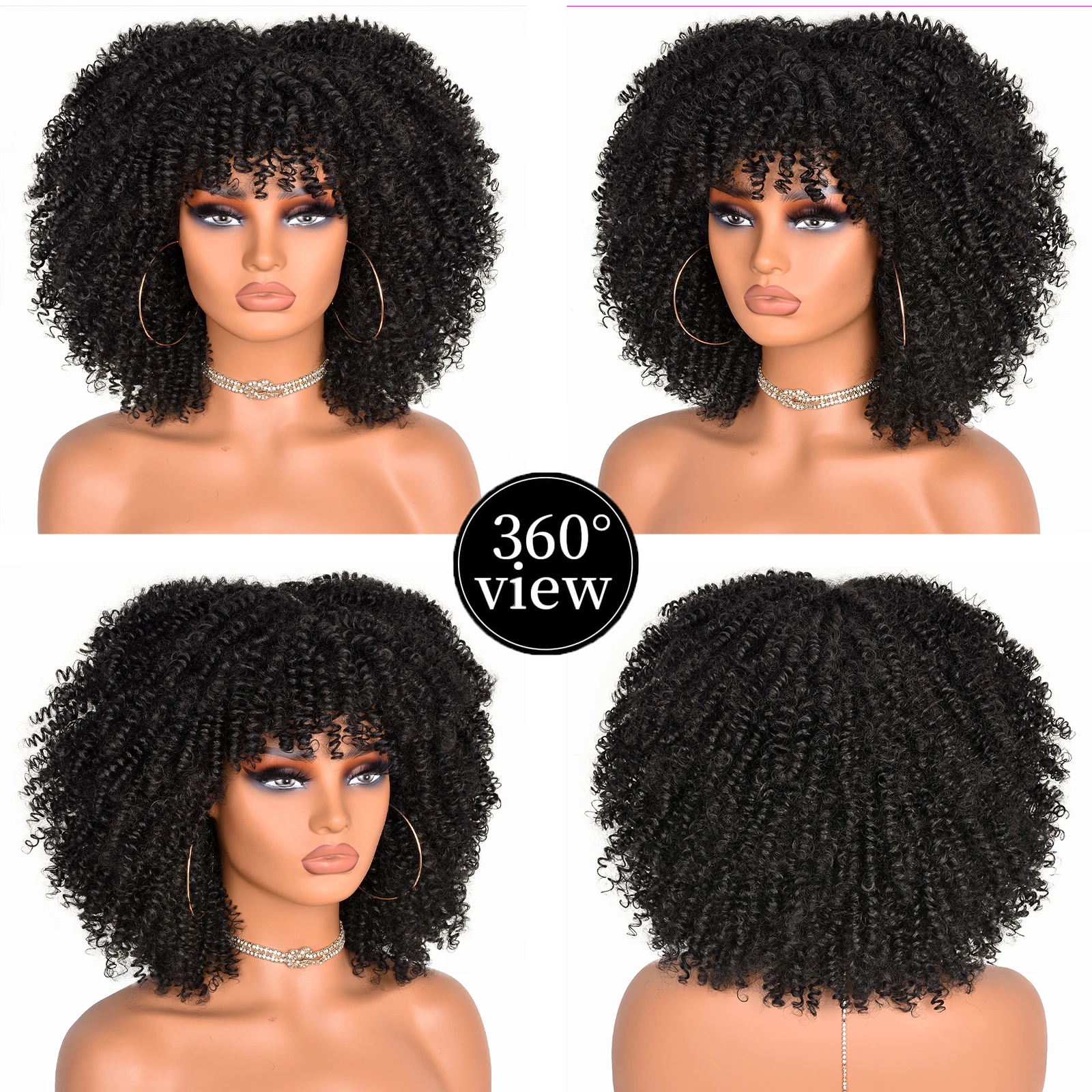 Afro Short Curly Hair with Bangs Synthetic for Black Women Curly Wigs Heat Resistant Wigs Daily Wear Role Play Wigs 16 Inch