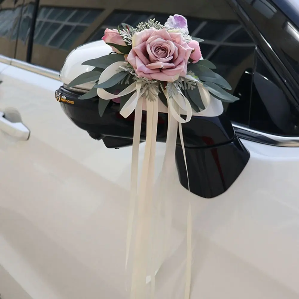 Creative Romantic Wedding Car Floral Ribbon Bridal Wedding Bow Decoration Flower Artificial Roses Ceremony Party Decor