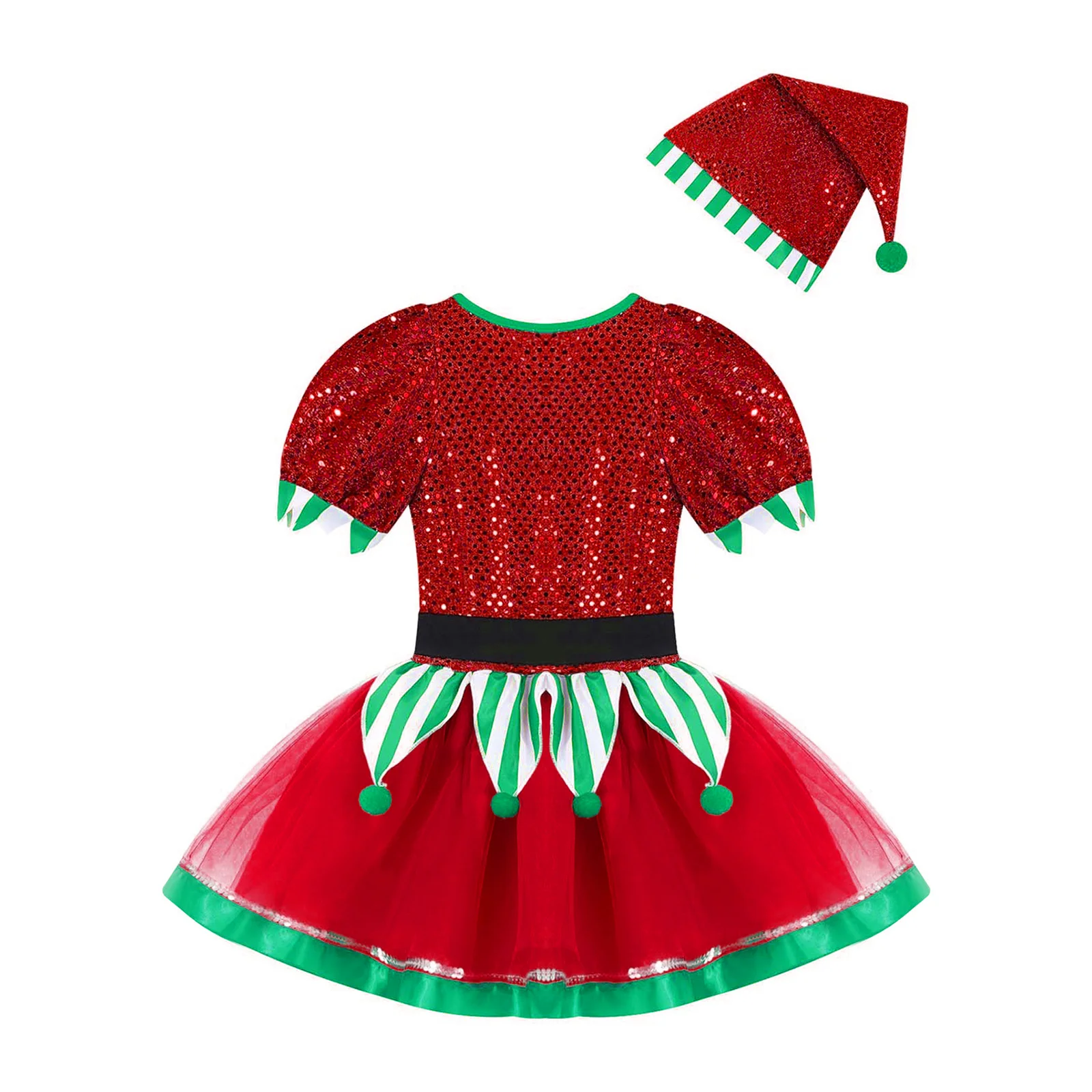 Kinderen Meisjes Kerst Elf Kostuum Pailletten Pompoms Mesh Ballet Dans Tutu Jurk met Hoed voor Nieuwjaar Carnaval Party Prestaties