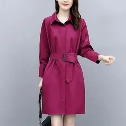 Stylish Sashes All-match Midi Shirt Women's Clothing Turn-down Collar Spring Autumn Commute Single-breasted Solid Color Blouse