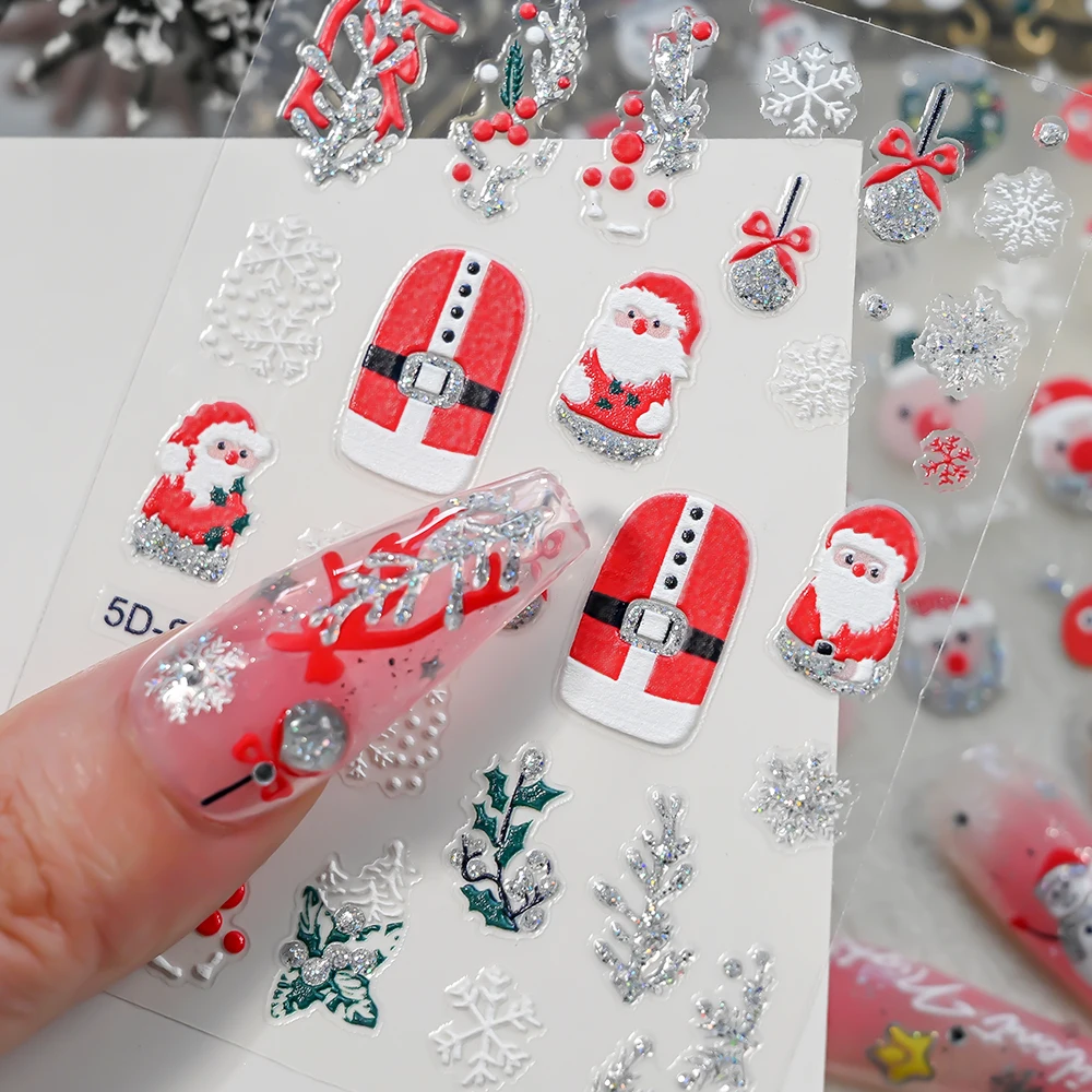 20 stks 5D Laser Zilver Glitter Kerst Nagelstickers Sneeuwpop Kerstman Pinguïns Elanden Nagelstickers Party Favor Vakantie Decorateur
