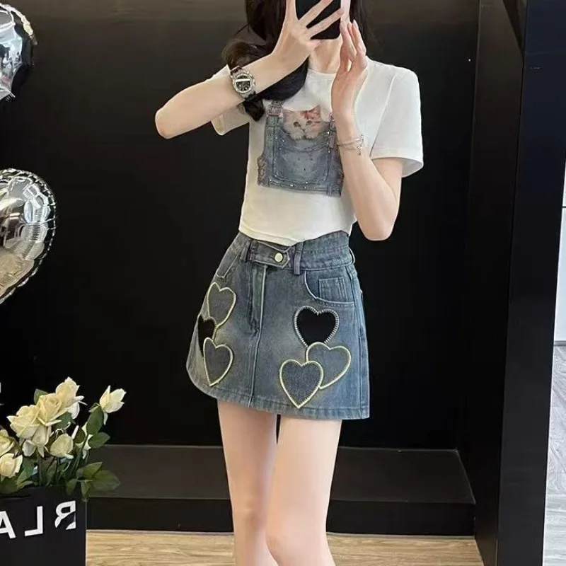 Conjuntos de falda vaquera de 2 piezas para mujer, ropa coreana, tendencia 2021, promoción elegante y elegante, ofertas baratas, traje de mujer de manga corta