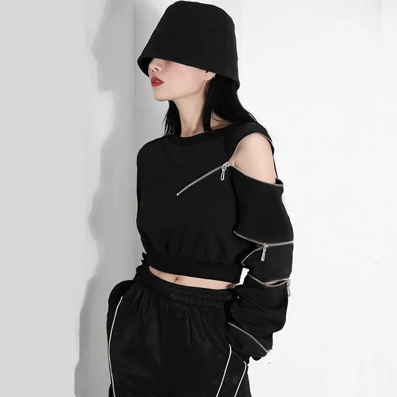 2022 Autumn Hoody Loose Streetwear Chiffon Asymmetrical Pullovers Full Solid O-Neck Girls Hoody Street Style Euro-America Style