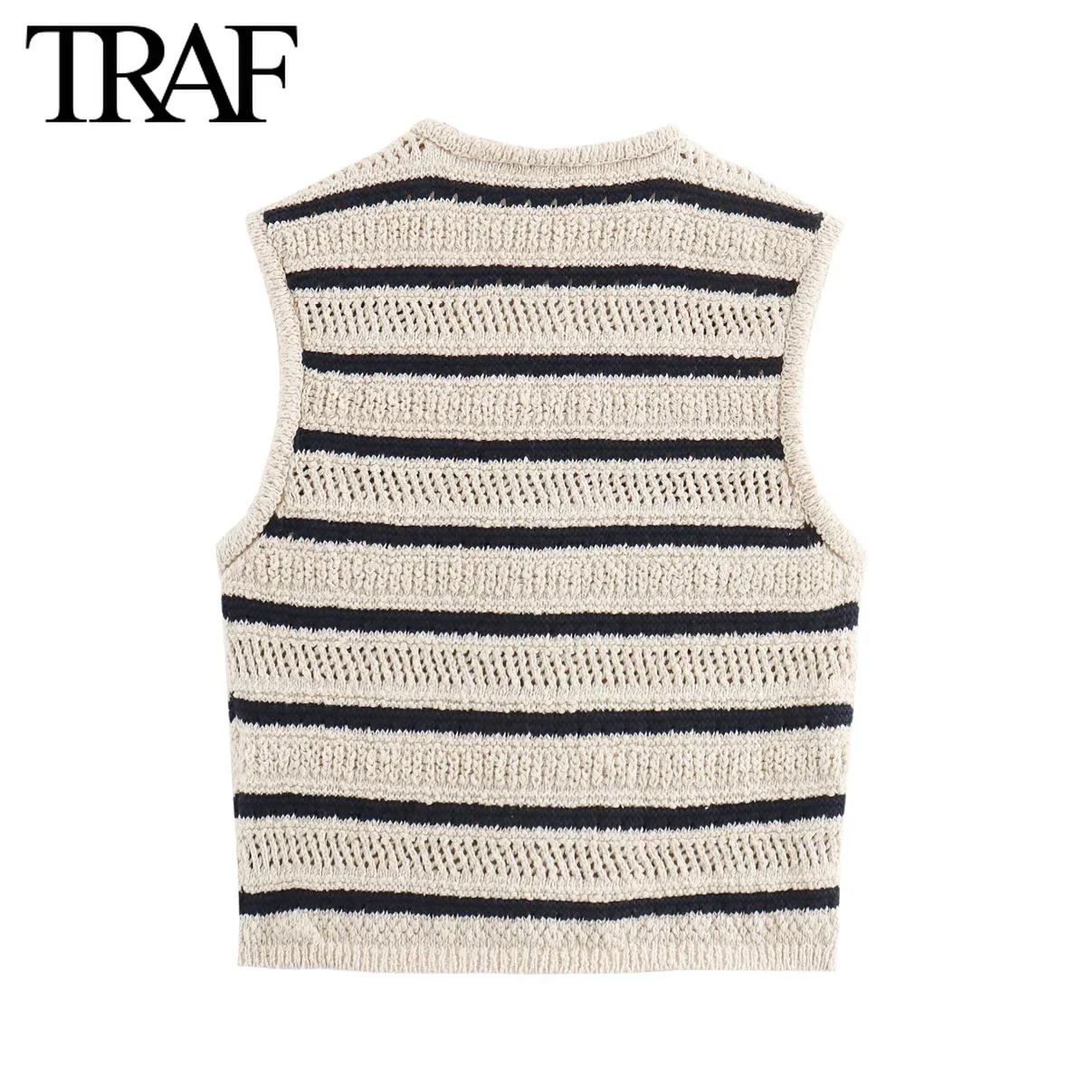 TRAF Women Fashion Summer New Striped Sleeveless Single Breasted V-neck Cardigan Knitted Sweater Vest Sweet Chic Ladies Tops