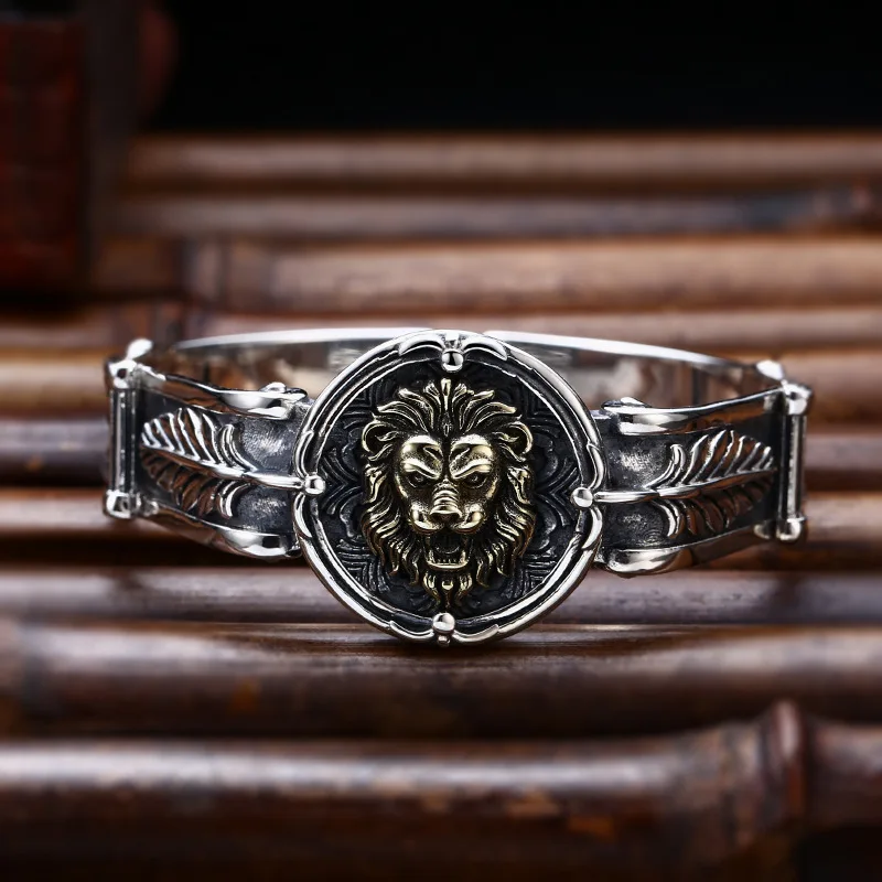 

S925 Sterling Silver Aggressive Lion Head Open Bracelet Men's Thai Silver Personalized Retro Punk Hip Hop Bracelet Handpiece Fas