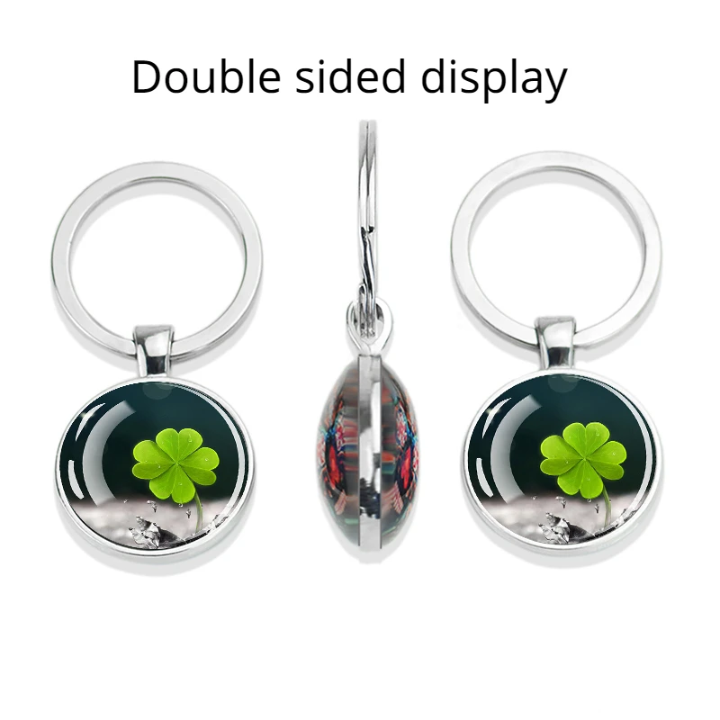 1pc Clover Keychains Double Sided Glass Pendant Zinc Alloy Keychain Four Leaf Clover Fashion Jewelry St. Patrick\'s Day Gift