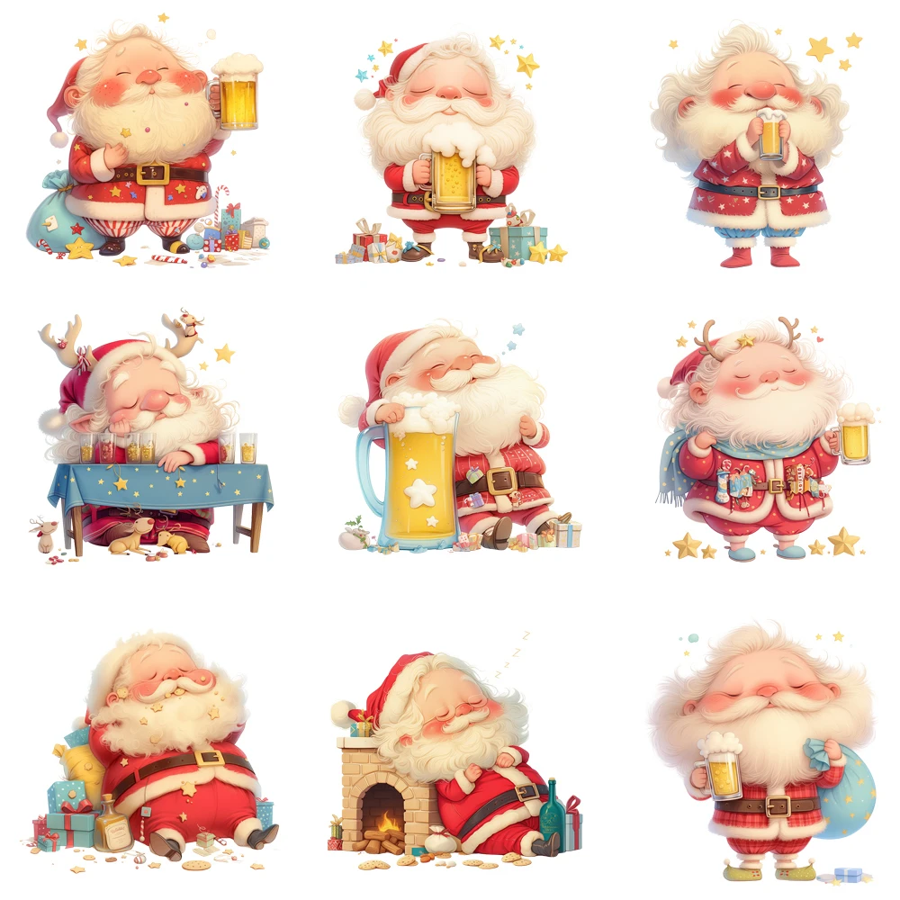 15cm Kids Christmas Themed Santa Claus Drinks Beer Iron On Transfer Stickers Diy DTF Heat Transfer Sticker T-shirt Clothes Decal