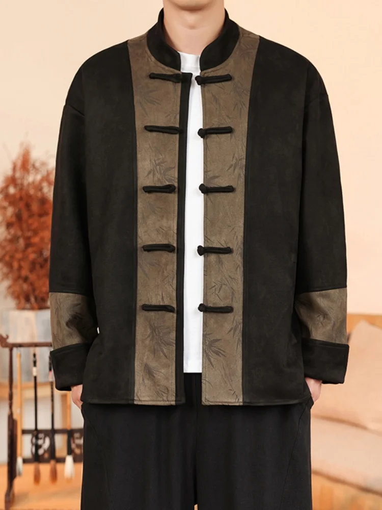 

Men's Suede Jaet Splicing Chinese Sle Button Spring Autumn New Chinese Sle Tang Suit Anti Wind Long Sve Stand Collar