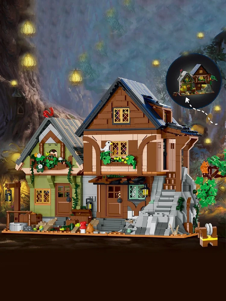 Klemmbausteine Mittelalterliche Städte Waldhütte LED Modulare Gebäude-Bausteine Set Stadtansicht Apartment Laden Haus Architektur Montage Ziegelstein-Modellbausatz Jungen Spielzeug Erwachsene Kinder