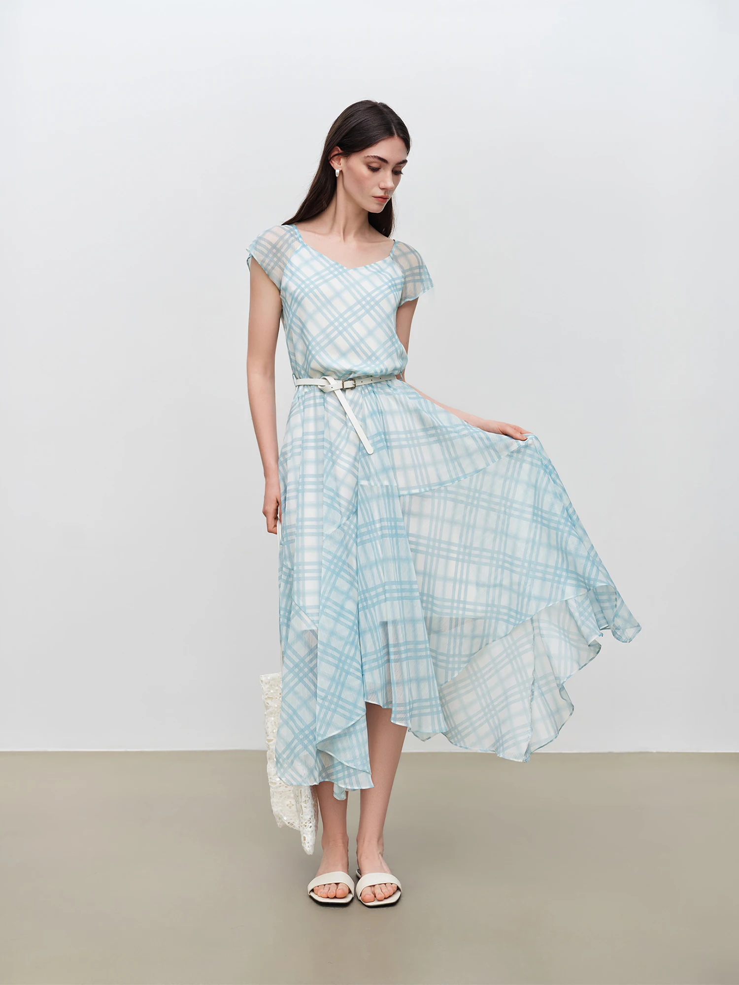 ZIQIAO 2026 Summer Women's Plaid Fit & Flare Dress Asymmetric Hem